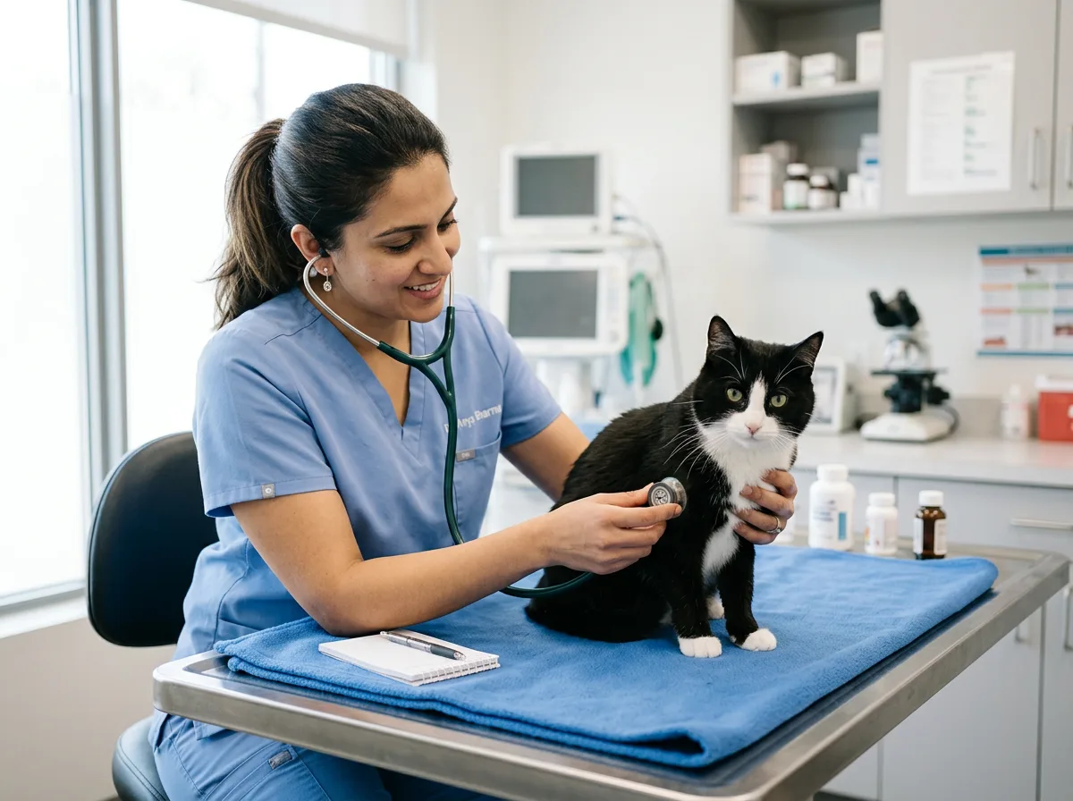 Veterinarian using a stethoscope to examine a calm tuxedo cat on an exam table