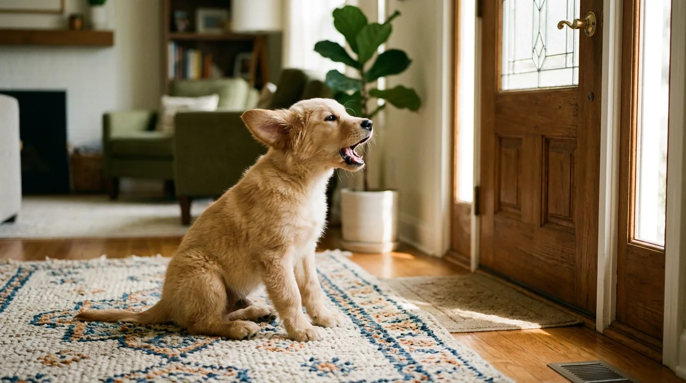 A young golden retriever puppy sitting on a living-room rug mid-bark, mouth open, ears perked toward a front door, warm afternoon light