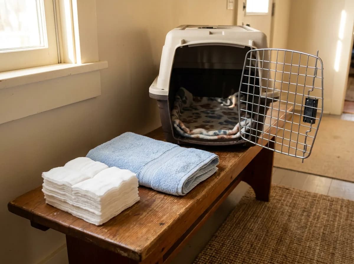 Clean gauze squares and a folded blue towel beside an open cat carrier.