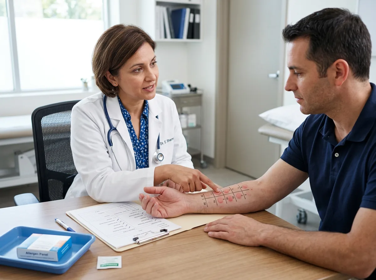 A doctor in a white coat reviewing allergy skin-prick test marks on a patient's forearm during a clinic consultation