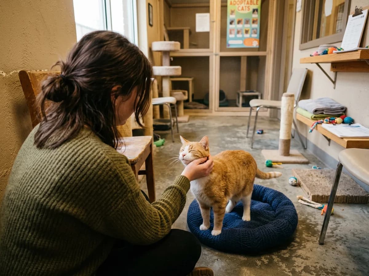 A person crouching to gently pet an orange-and-white tabby cat during a getting-to-know-you visit in a shelter room