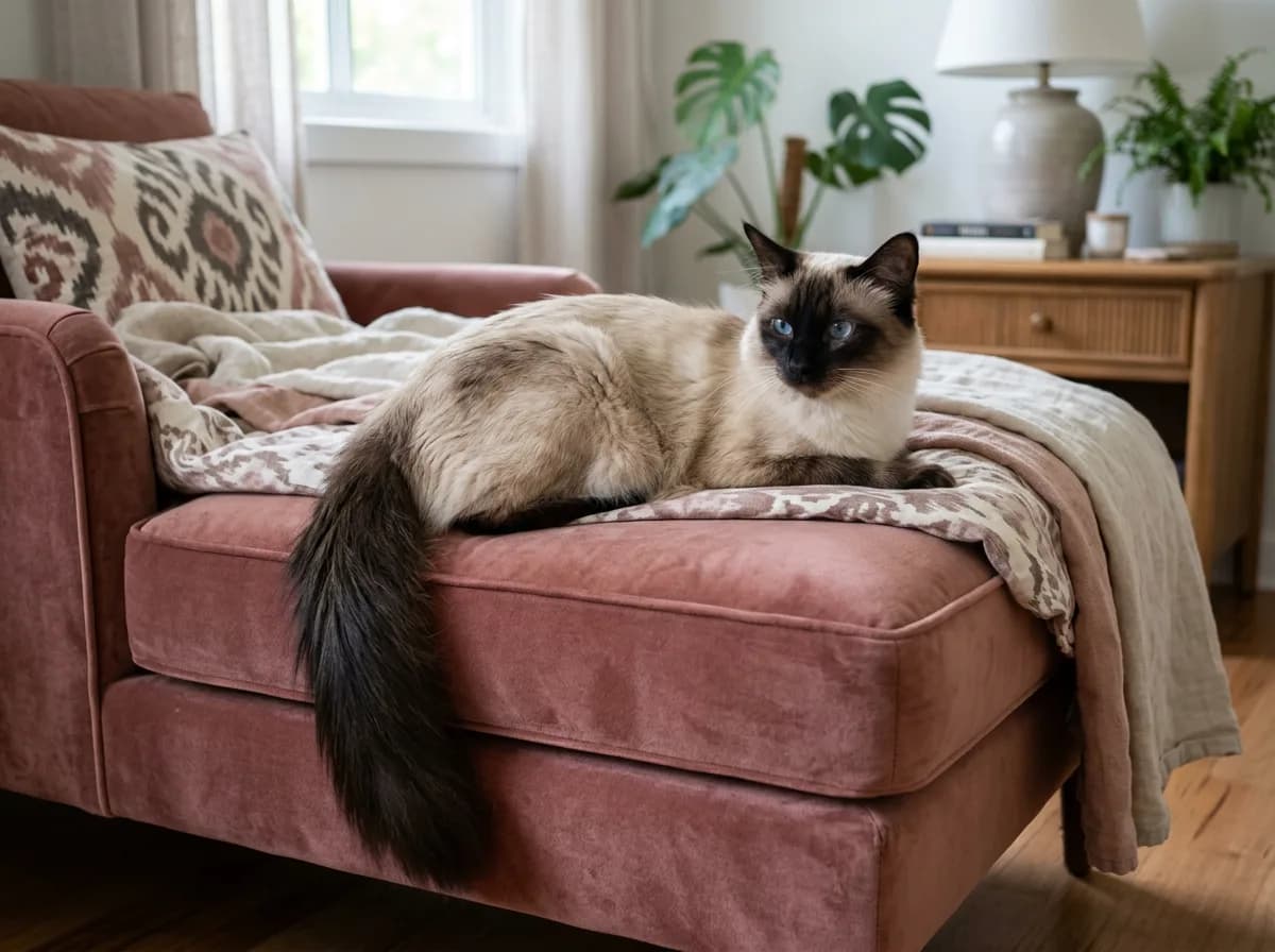 A cream and seal-point Balinese cat with a silky single coat and long plumed tail lounging on a pale rose chaise