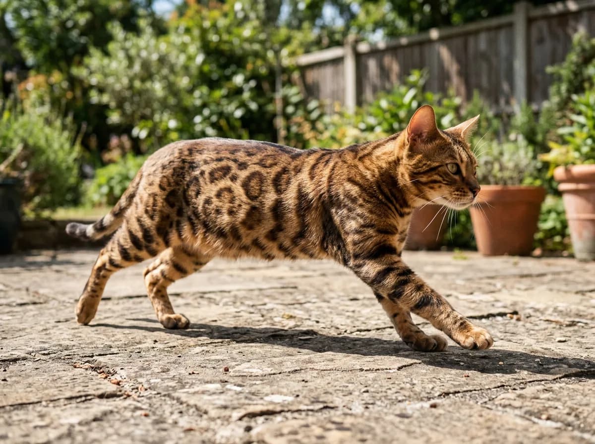 A brown-spotted Bengal cat with a sleek pelted rosetted coat mid-stride on a sunlit stone patio