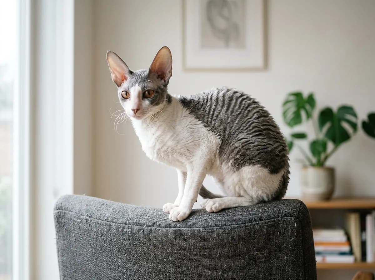 A white and gray Cornish Rex cat with a tightly curled downy coat and large ears perched on the back of an armchair