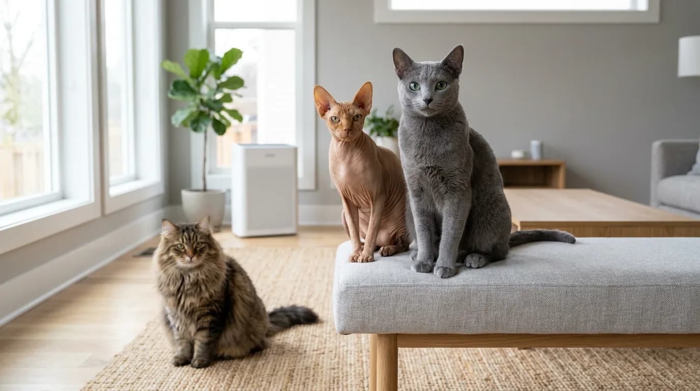 A silvery Russian Blue, a hairless Sphynx, and a long-haired brown-tabby Siberian together in a bright living room with a HEPA air purifier in the background