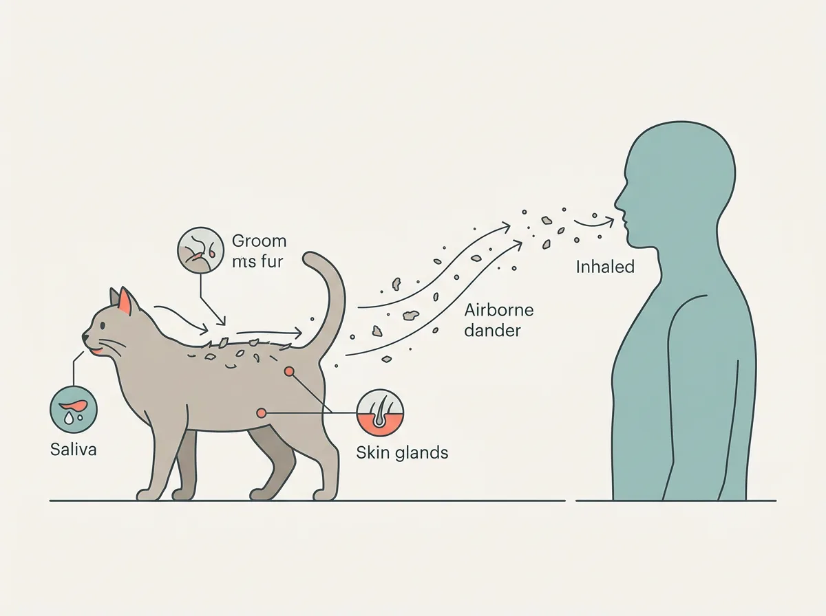 Diagram showing how the Fel d 1 protein moves from a cat's saliva and skin glands into airborne dander that a person inhales