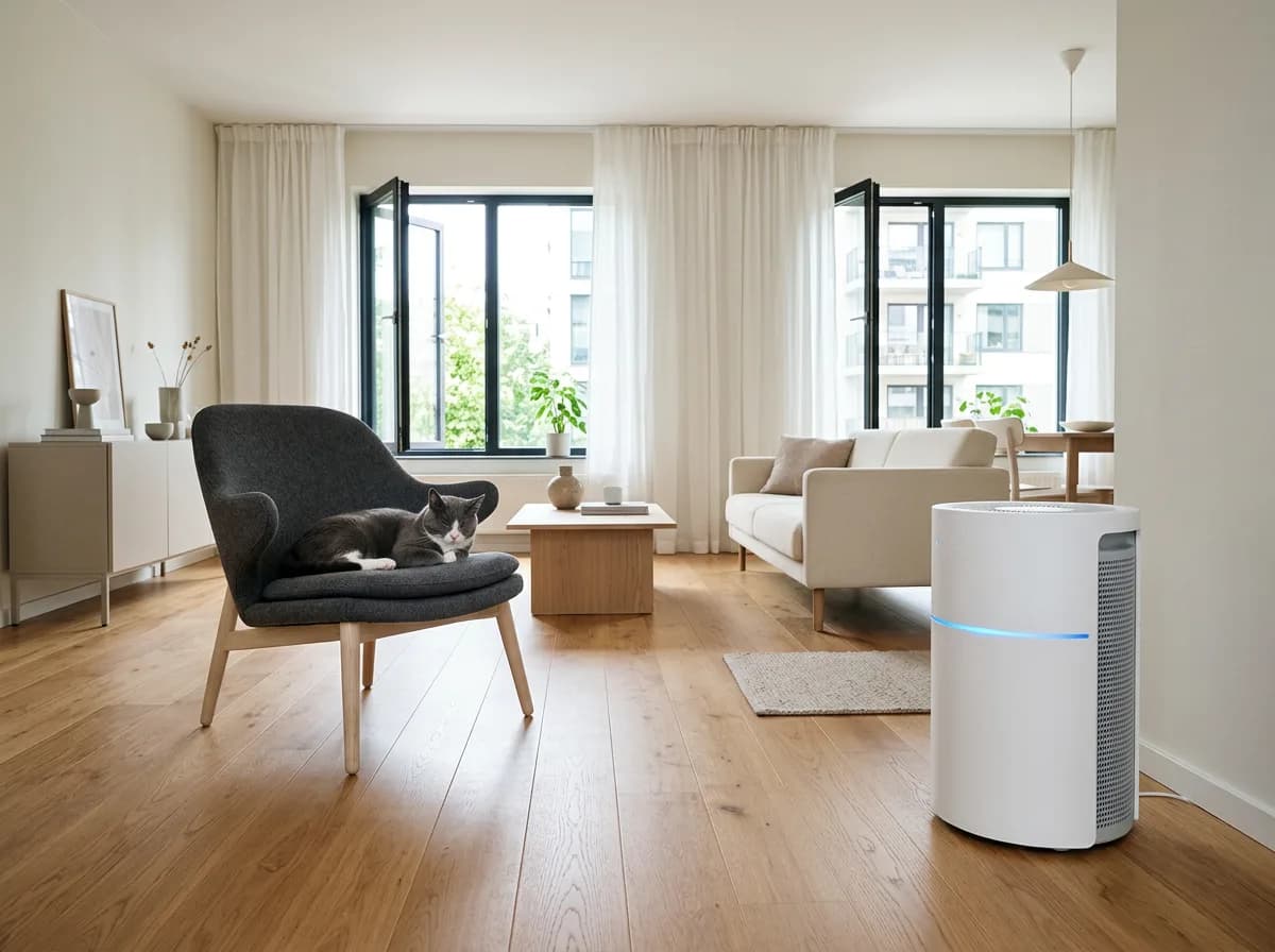 A white HEPA air purifier running in a clean modern living room with a gray tuxedo cat resting nearby on hard flooring