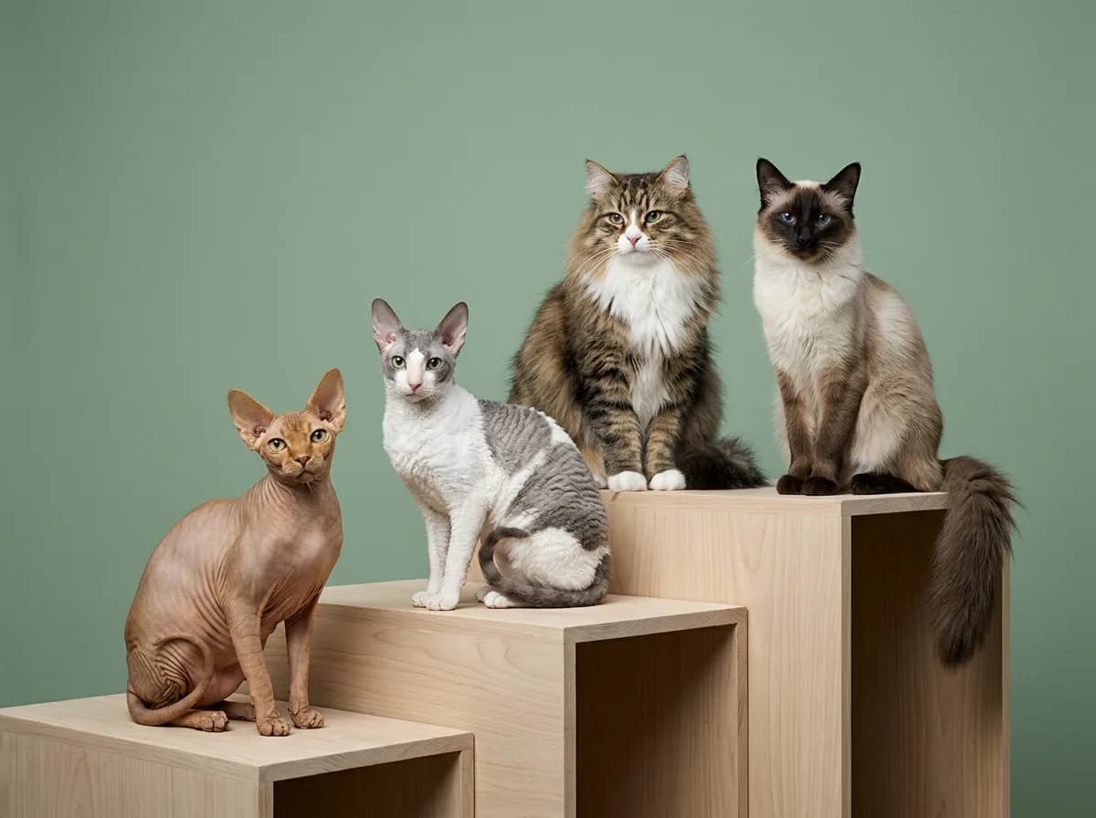 Four distinct low-allergen cat breeds together on tiered platforms: a hairless Sphynx, a curly Cornish Rex, a long-haired Siberian, and a seal-point Balinese