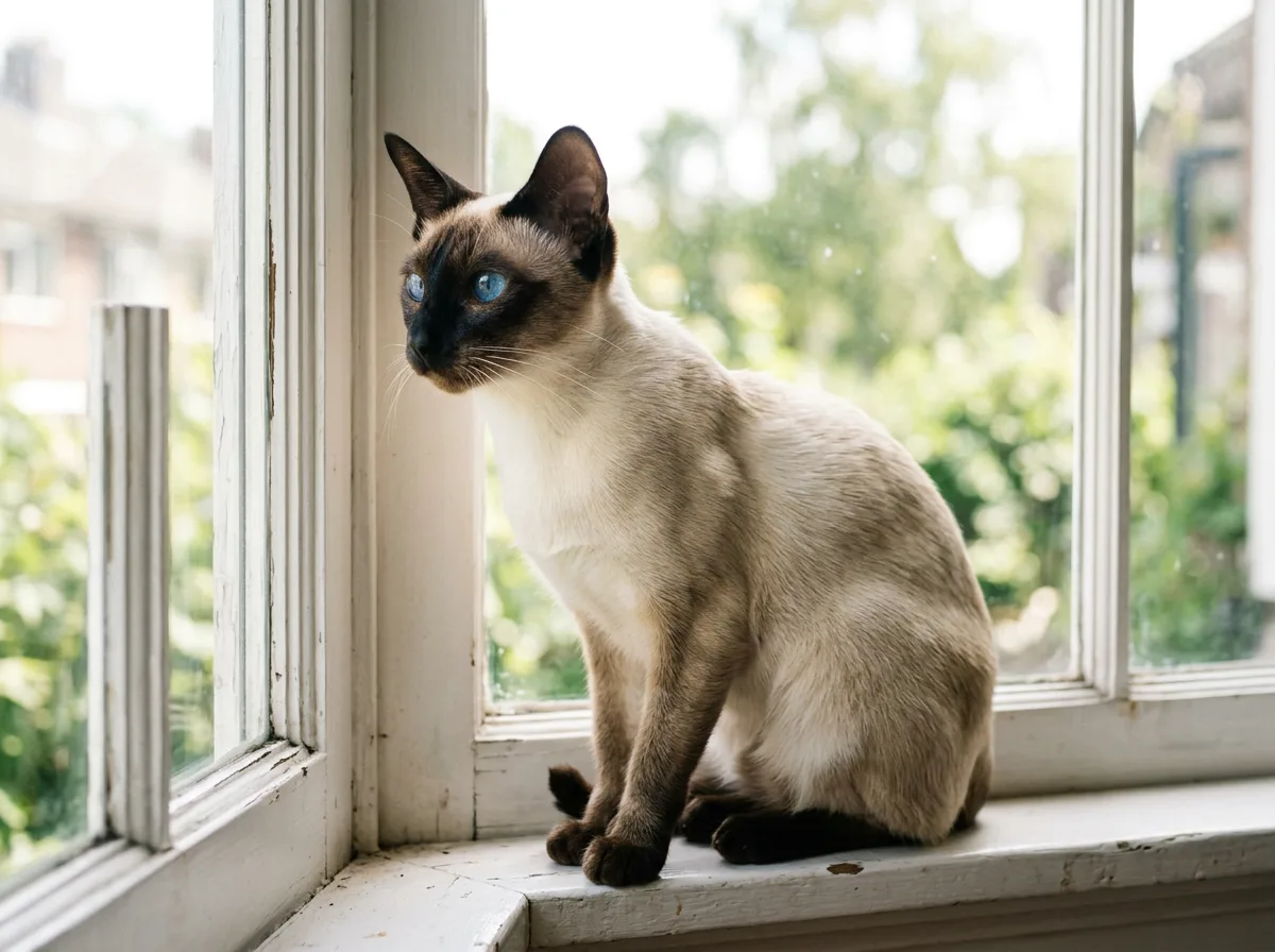 A seal-point Siamese cat with a short fine coat and bright blue eyes sitting on a windowsill in bright natural light