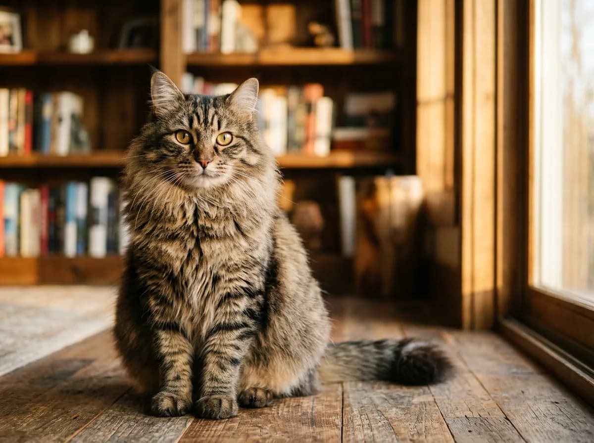 A brown-tabby Siberian cat with a thick triple coat and neck ruff sitting upright on a wooden floor in warm golden light