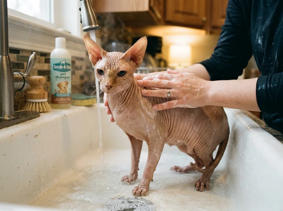A hairless Sphynx cat standing calmly in a sudsy sink being gently bathed by a person's hands