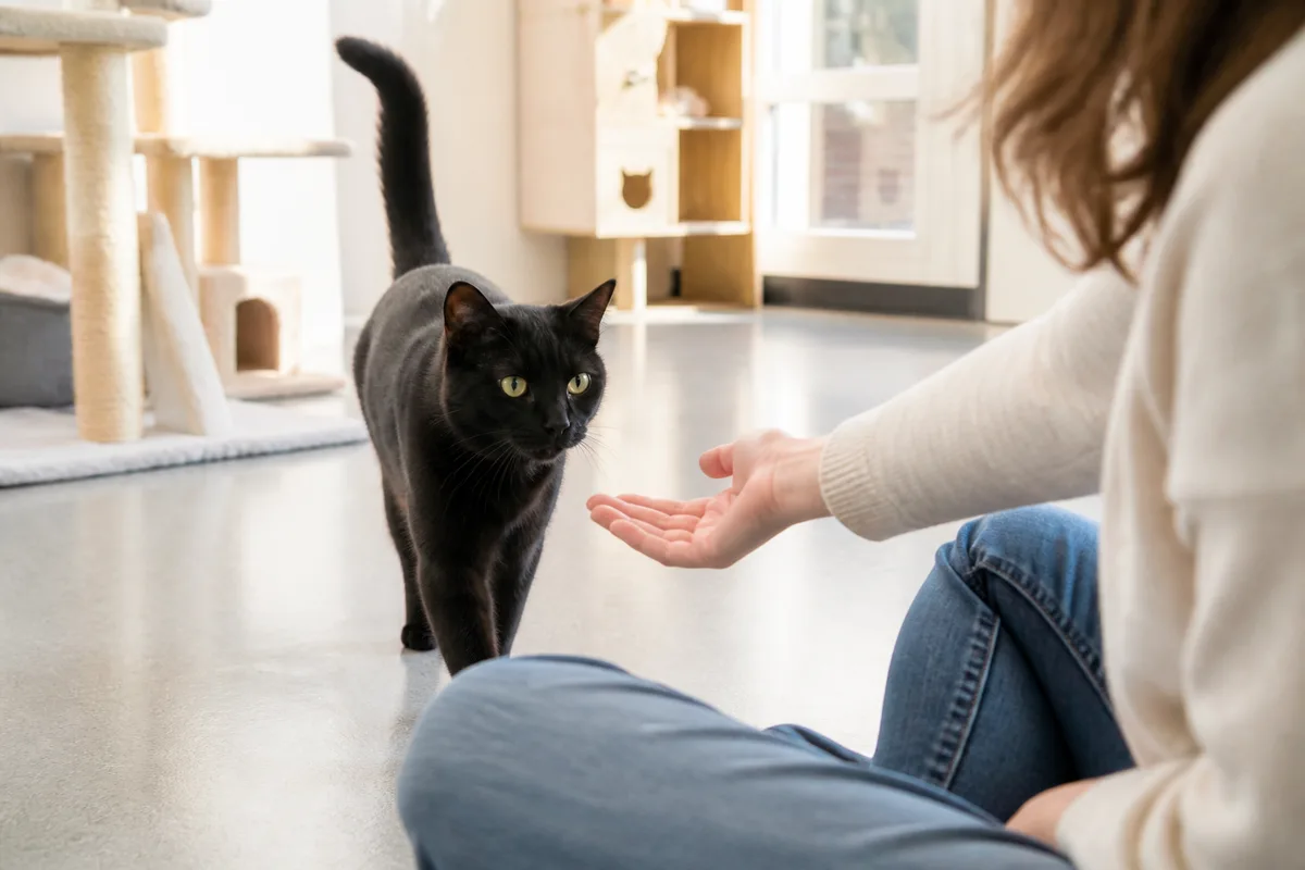 Relaxed black cat in a bright home showing that coat color does not predict personality