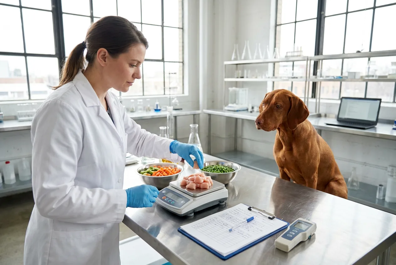 Veterinary nutrition scientist in a food-science lab weighing fresh chicken, carrots, and peas for a dog food recipe while a Vizsla watches