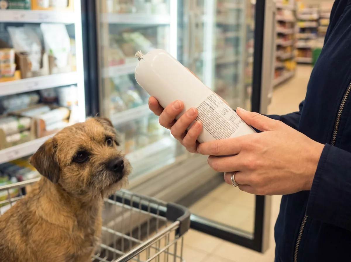 Close-up of a shopper's hands reading the ingredient panel on an unbranded refrigerated dog food package in a store cooler aisle