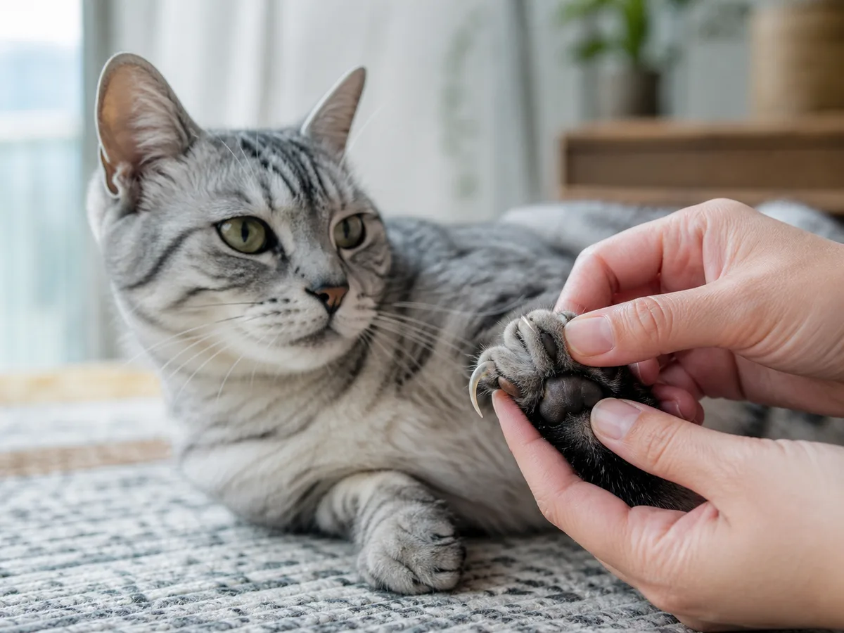 Silver tabby having an overgrown curled front claw checked gently at home