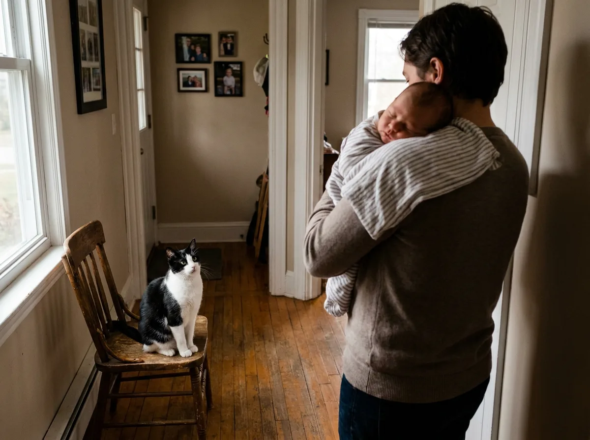 A parent standing in a hallway holding a swaddled newborn while a black and white cat sits on a wooden chair a few feet away.
