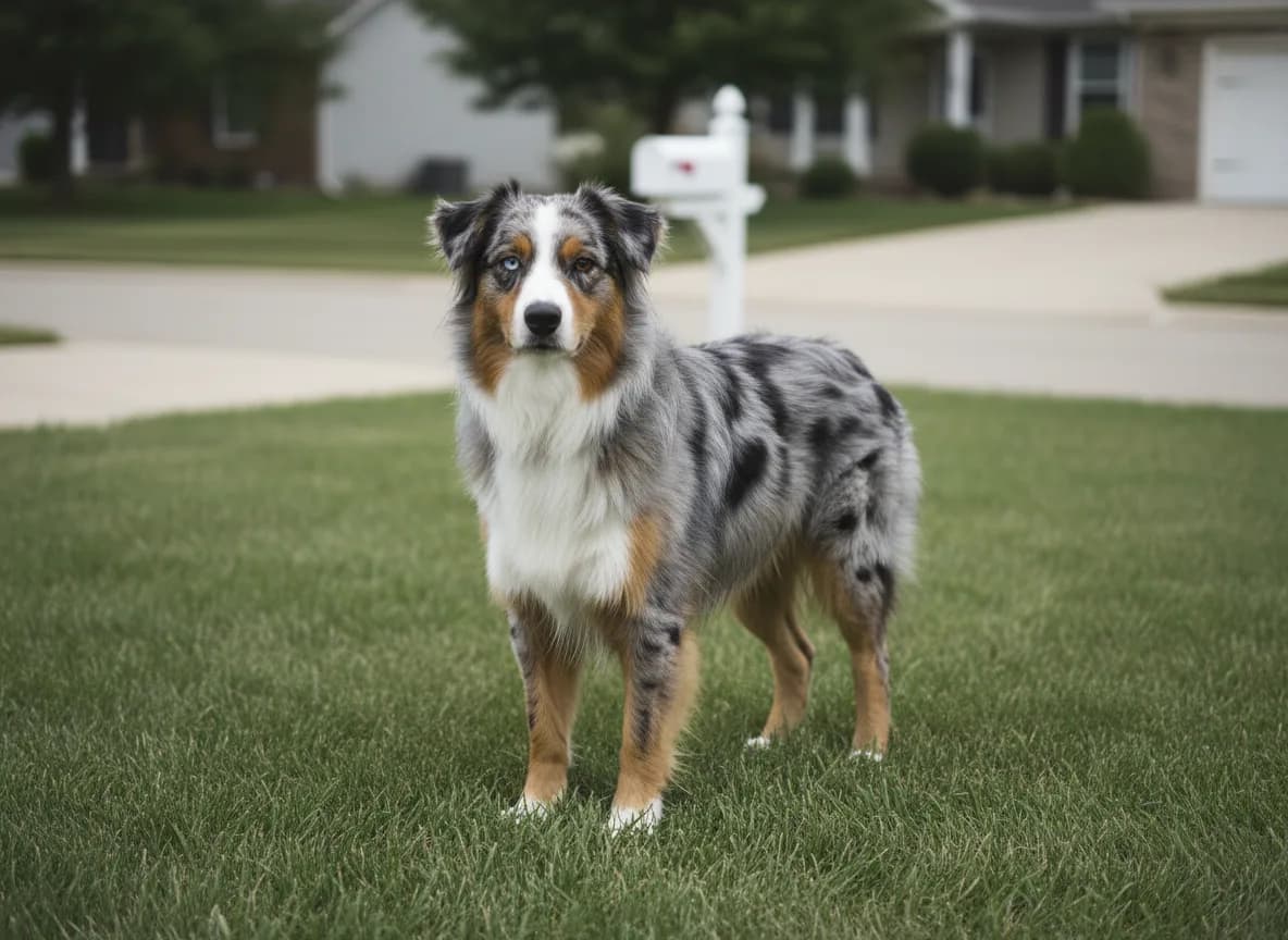 A tan and white mixed-breed dog standing at the grass edge of a suburban front lawn where the mowed turf meets a gravel driveway, late afternoon light across the property line