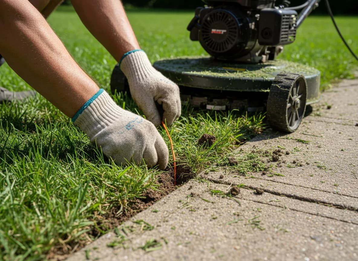 A gloved installer feeding thin boundary wire into a freshly cut narrow slot along the edge of a green lawn beside a mulch bed, trenching tool and wire spool on the grass
