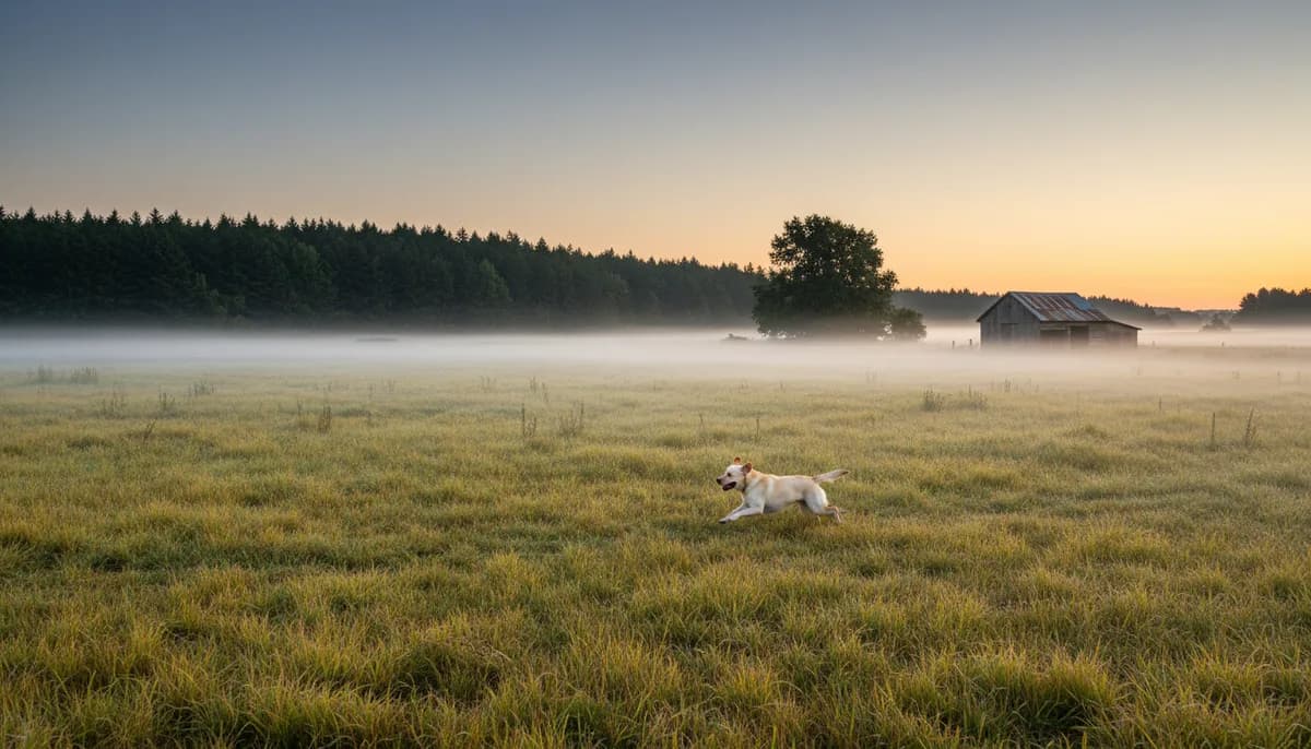 A black Labrador trotting across a wide open pasture of dry summer grass on multi-acre rural property with a distant treeline and no fencing visible in any direction