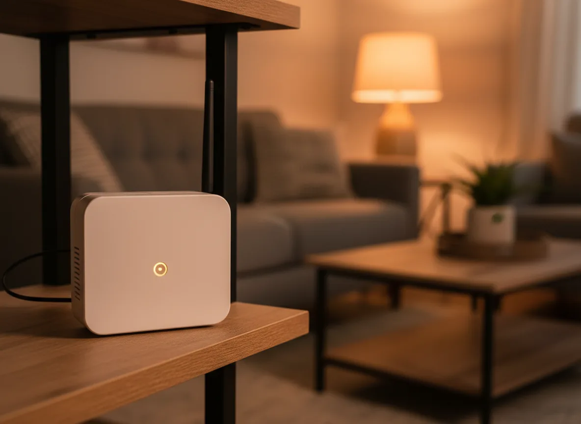 A small white plastic wireless fence base transmitter with a short antenna sitting on a wooden shelf next to a router in a bright home hallway, power cord running down the wall