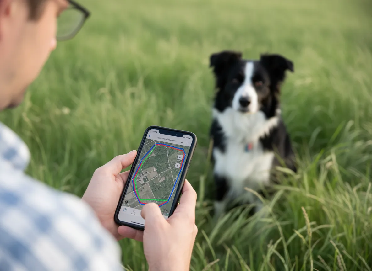 A woman in a fleece jacket standing on a grassy hillside tapping a boundary onto a smartphone map while a brindle boxer sits attentively at her feet, morning fog in the background