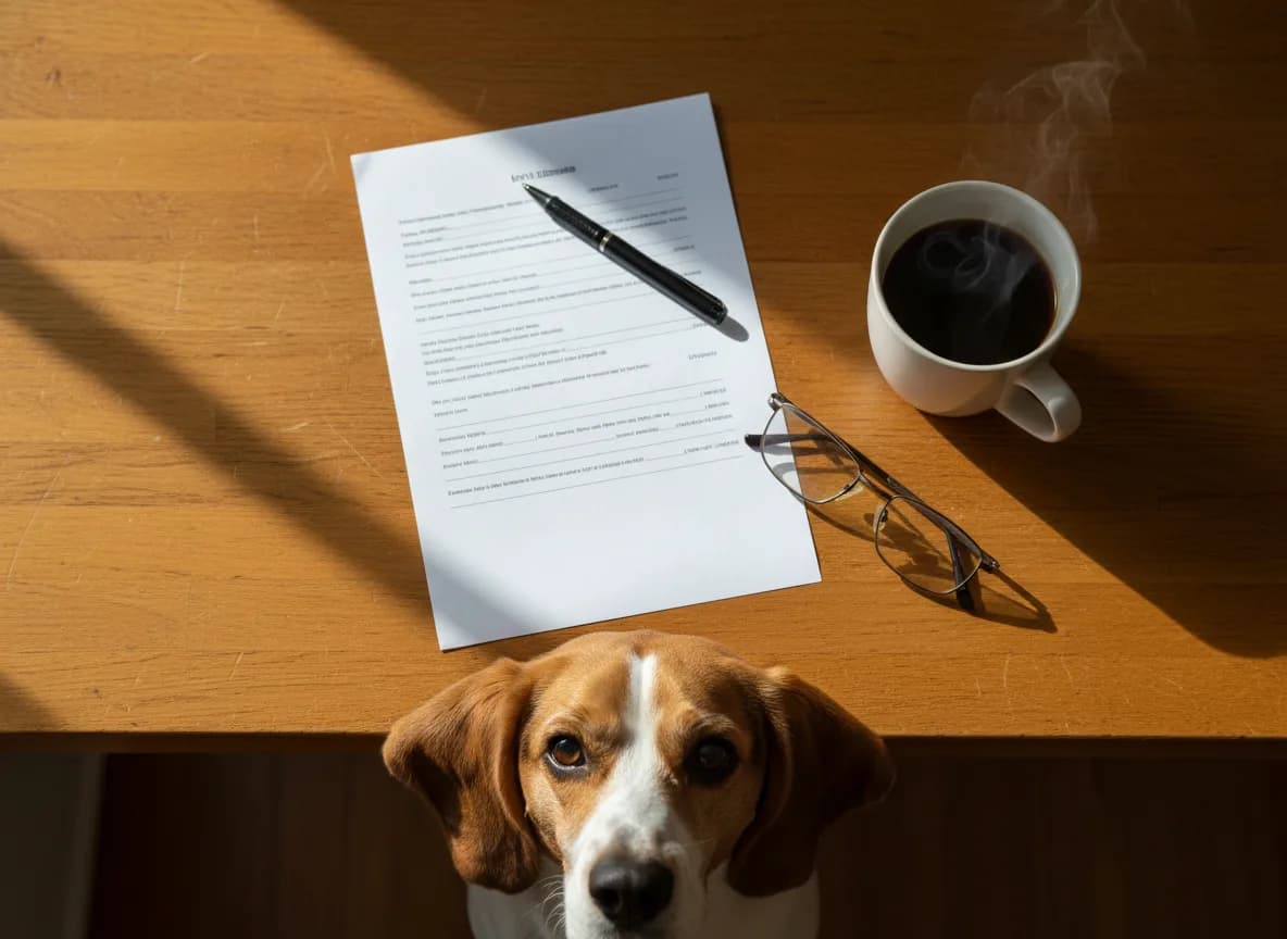 A man at a kitchen table reading a printed itemized installation estimate with a pen in hand, coffee mug beside the papers and a grey terrier resting its chin on his knee