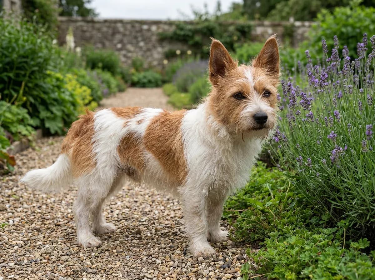 CoJack (Jack Russell Corgi mix) example: red-and-white rough-coated dog with upright ears beside a gravel garden path