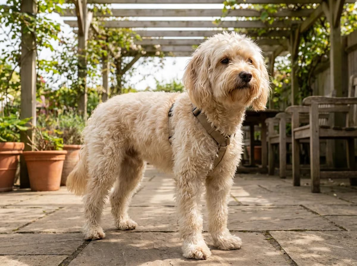 Jack-A-Poo (Jack Russell Poodle mix) example: cream dog with a wavy coat standing on a shaded patio