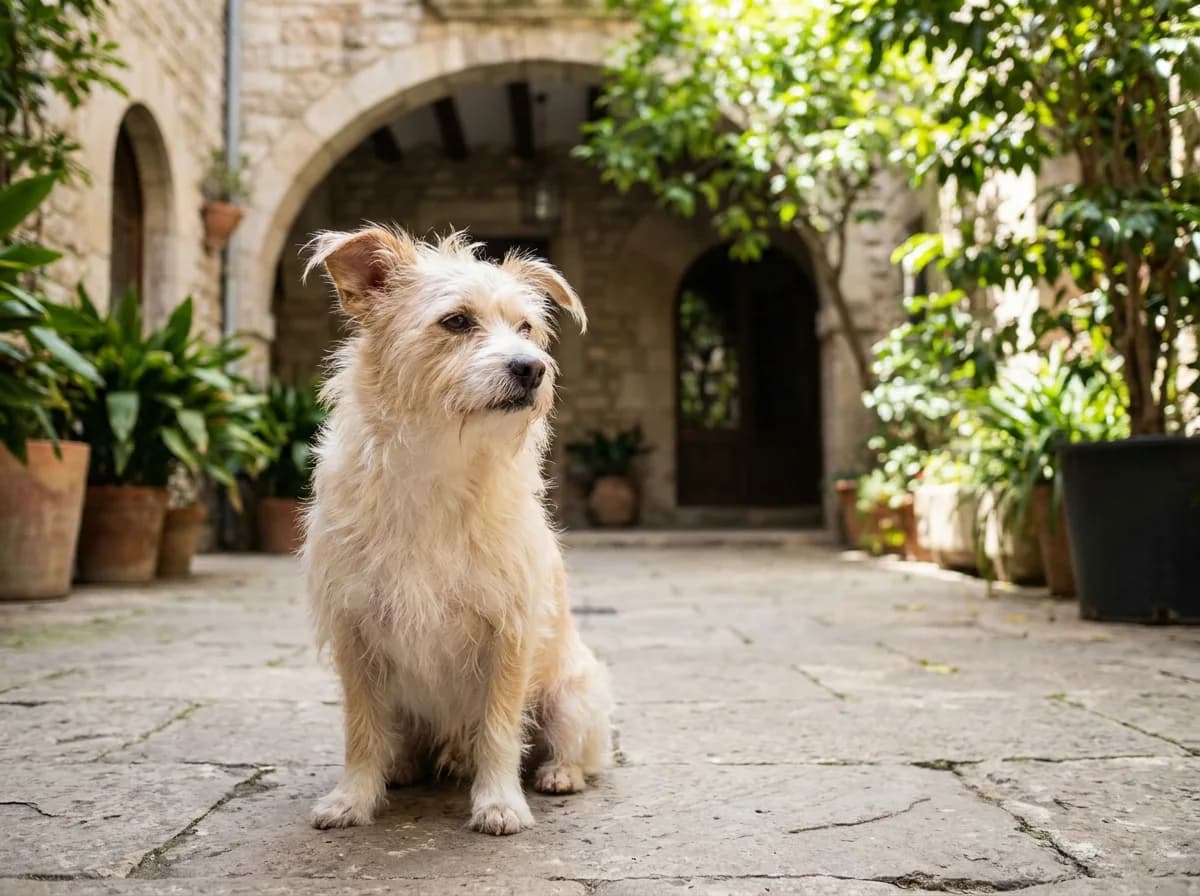 Jack Chi (Jack Russell Chihuahua mix) example: small cream rough-coated dog sitting in a stone courtyard