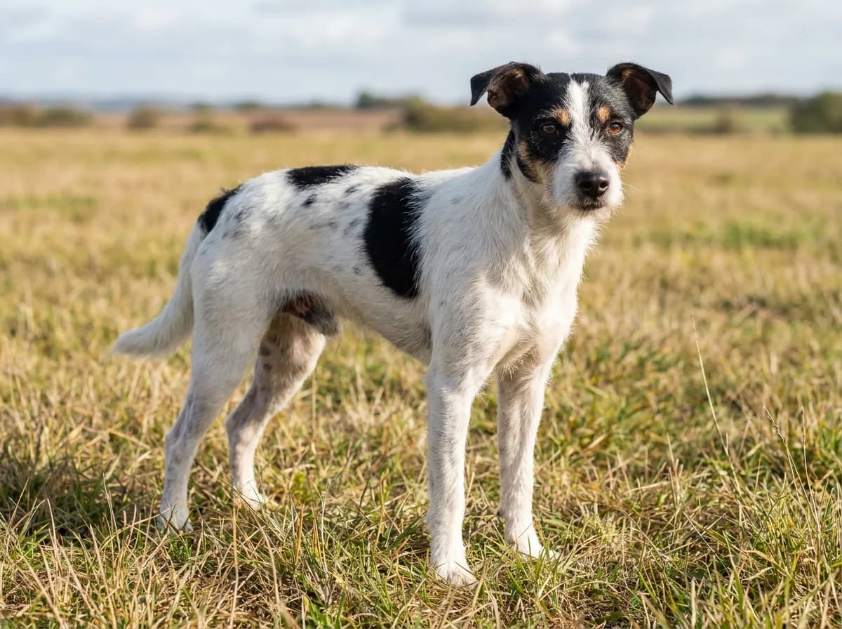 Jack-Rat (Jack Russell Rat Terrier mix) example: leggy white-and-black terrier standing in grass