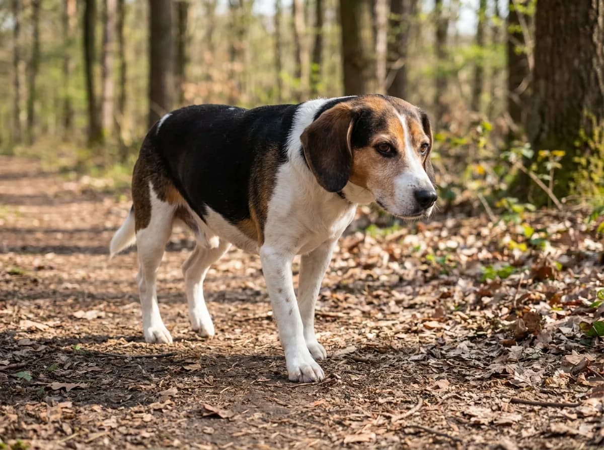 Jackabee (Jack Russell Beagle mix) example: tricolor dog with drop ears standing on a woodland path