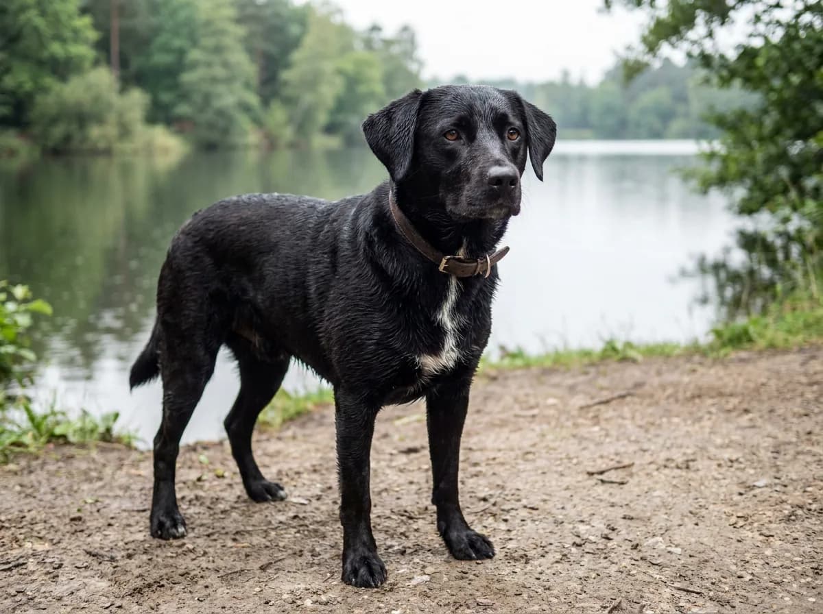 Jackador (Jack Russell Labrador mix) example: short-coated black dog with a small white chest patch beside a lakeside path