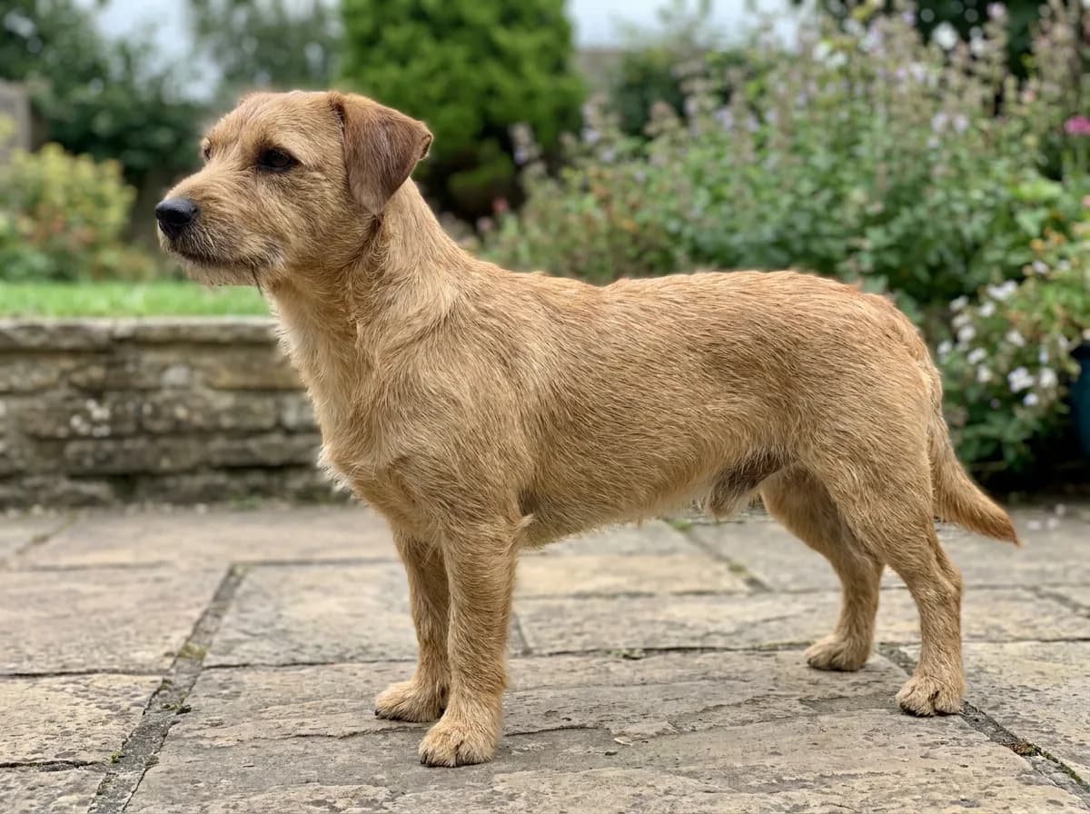 Jackshund (Jack Russell Dachshund mix) example: longer-bodied tan wire-coated dog standing on garden paving