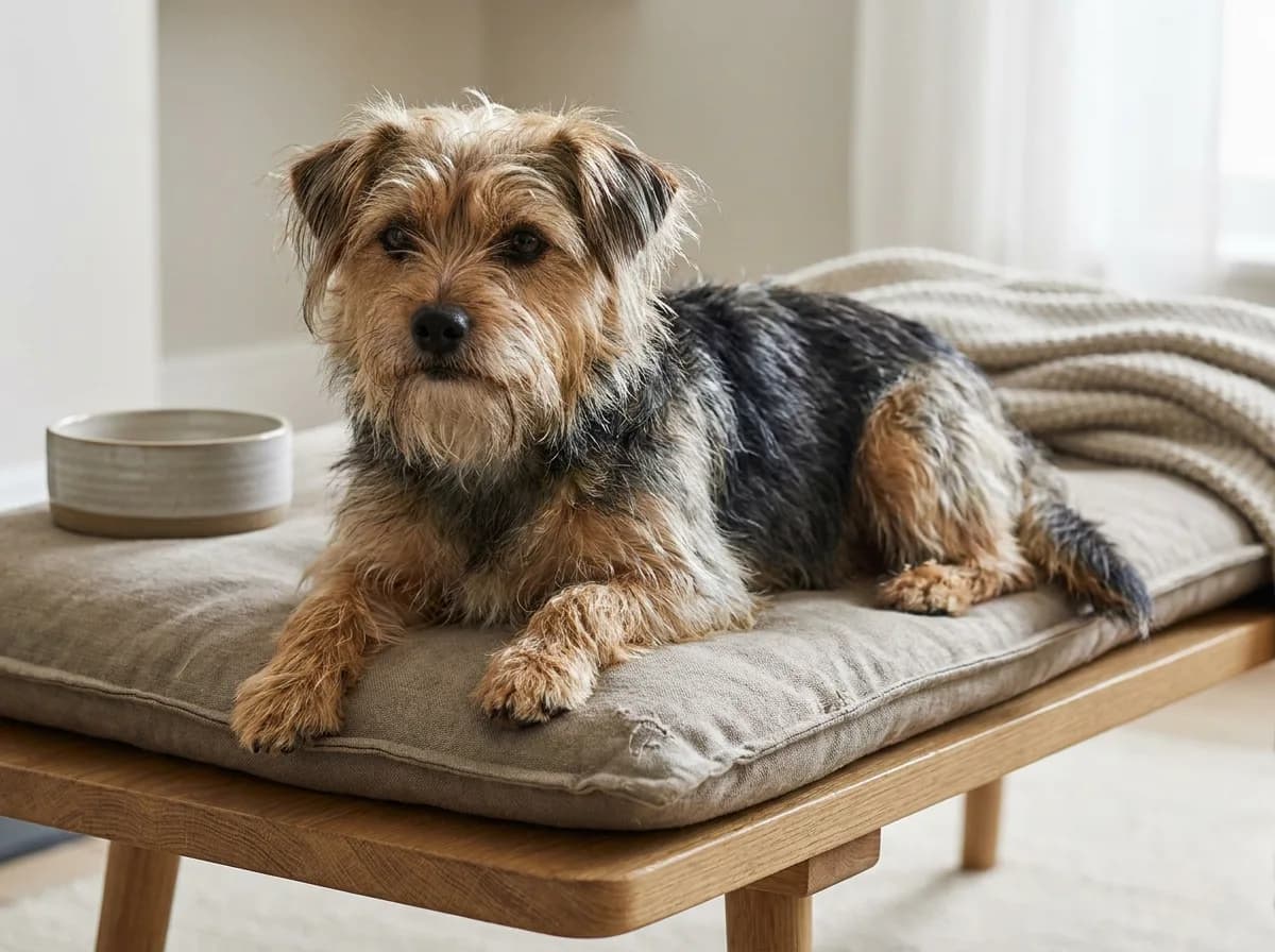 Yorkie Russell (Jack Russell Yorkshire Terrier mix) example: tan-and-black longer-coated dog resting on a low cushion