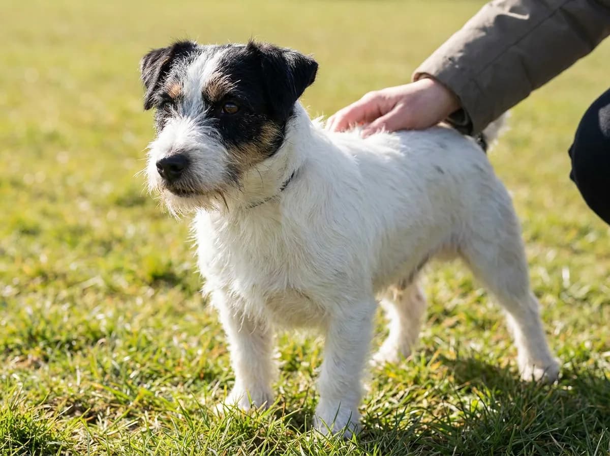Broken-coated Jack Russell Terrier, white with dark head markings, standing on grass