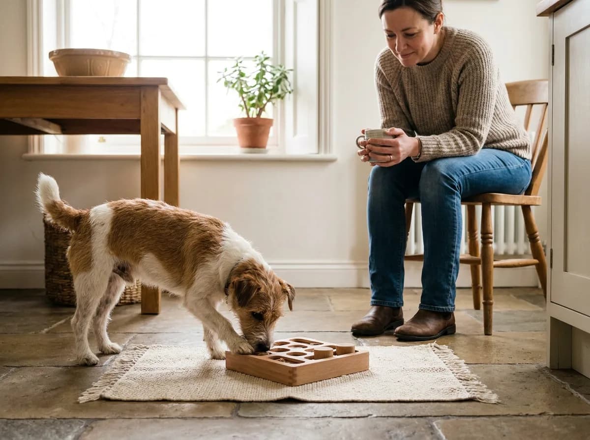 Jack Russell Terrier exploring a wooden food puzzle while a person watches