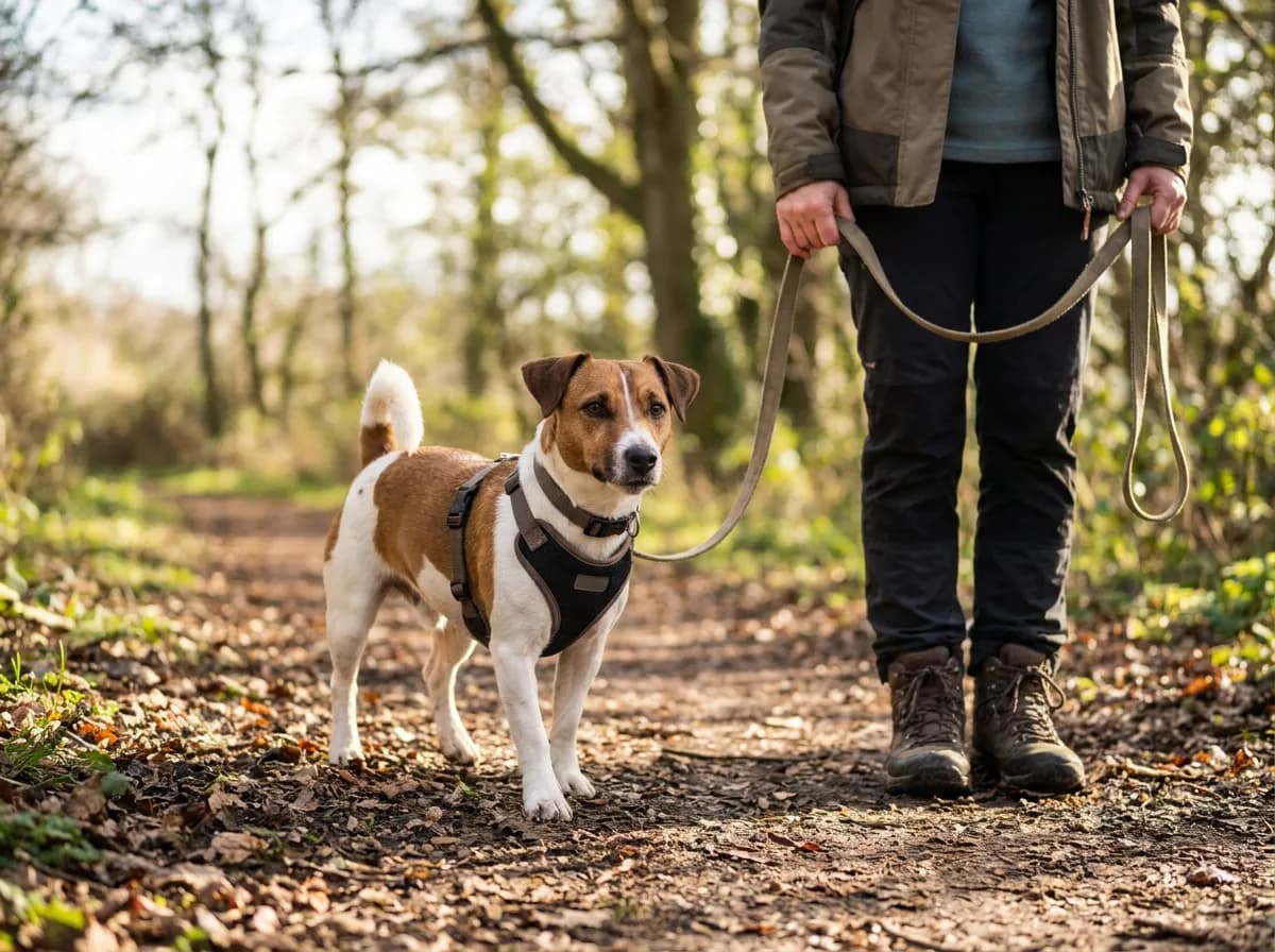 Jack Russell Terrier wearing a harness and lead on a woodland walk