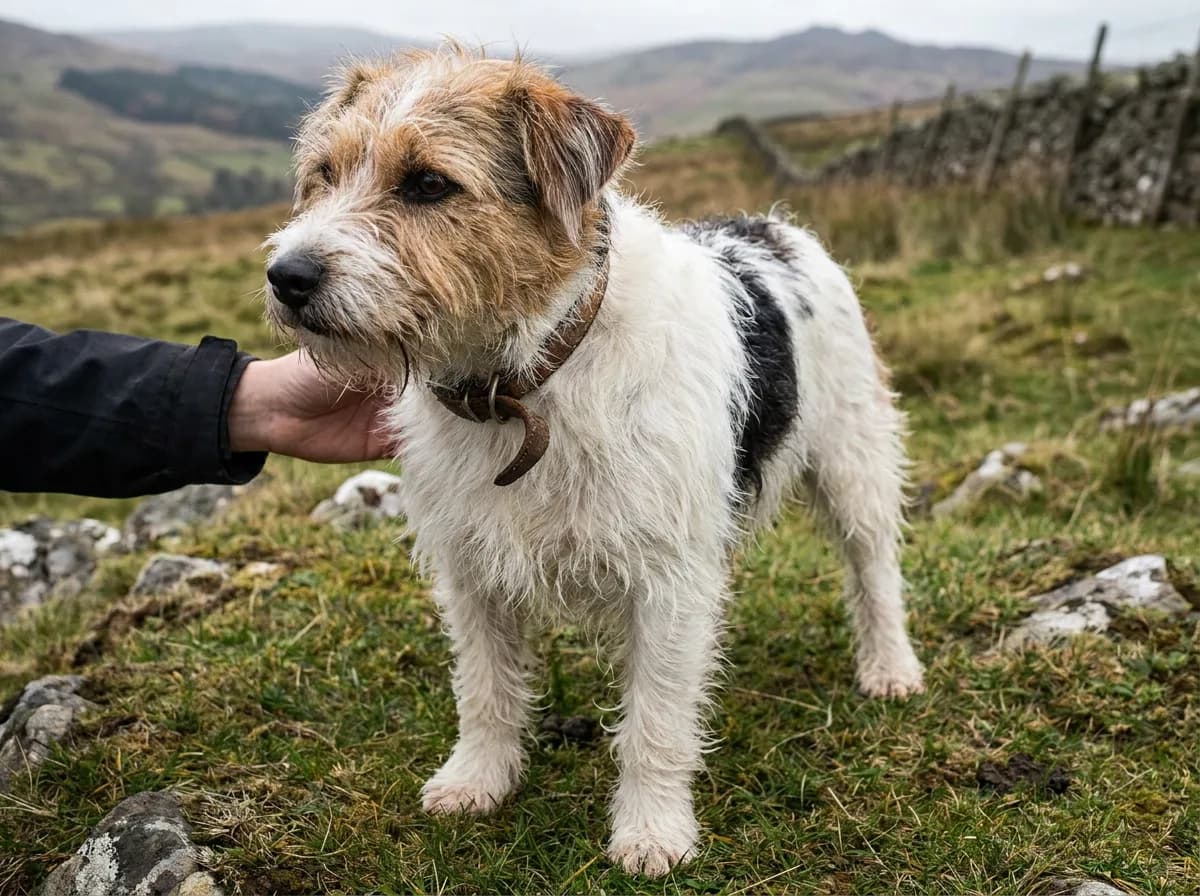 Rough-coated Jack Russell Terrier, white and tan, beside a stone wall