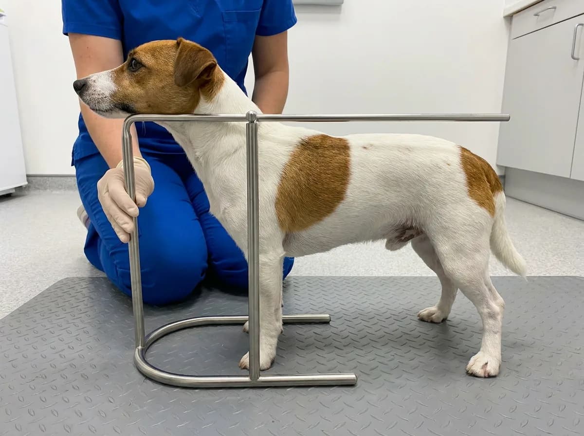 Jack Russell Terrier with a white-and-tan coat standing inside a metal height wicket at a clinic