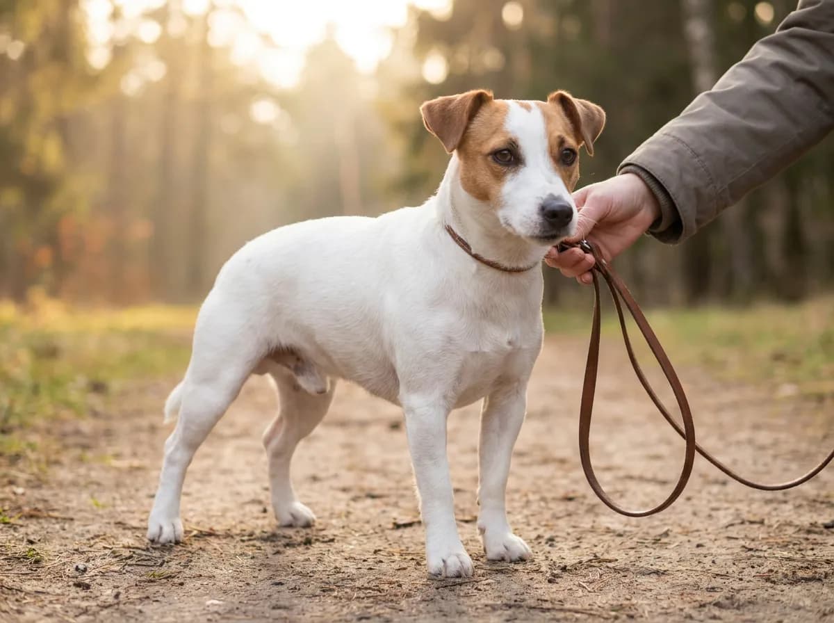 Smooth-coated Jack Russell Terrier, predominantly white with tan head markings