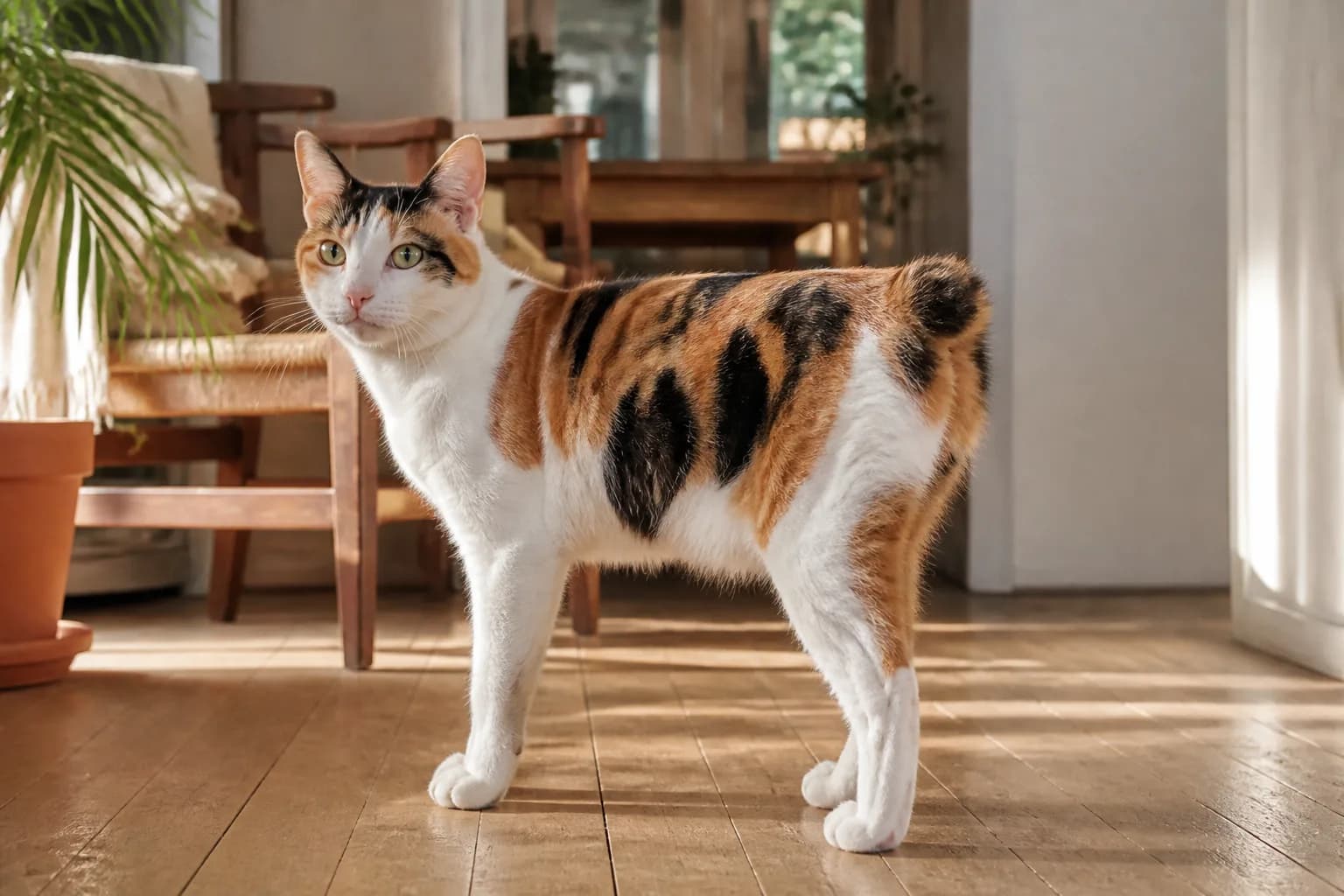 Adult mi-ke Japanese Bobtail standing alert in a bright lived-in home with its natural pom-pom tail visible