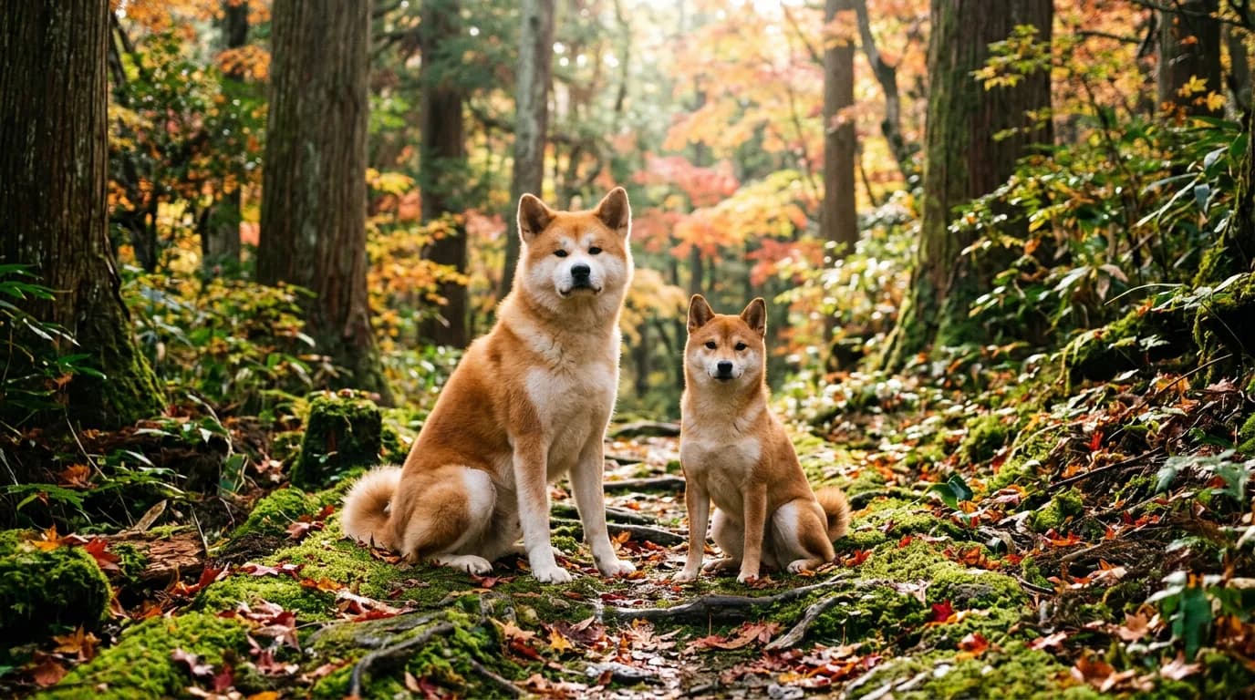 A Shiba Inu and an Akita Inu sitting side by side on a mossy forest path in Japan, autumn maple leaves, soft morning light
