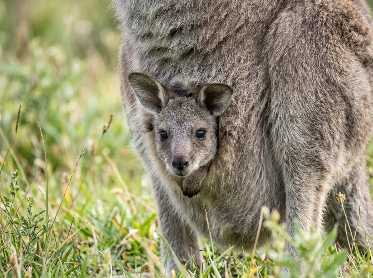 Kangaroo joey peeking out of its mother's pouch in a grassy paddock