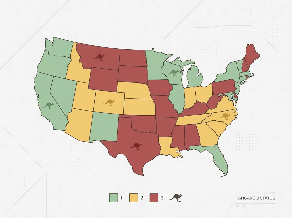 Conceptual map illustration showing US states with different kangaroo ownership legal statuses
