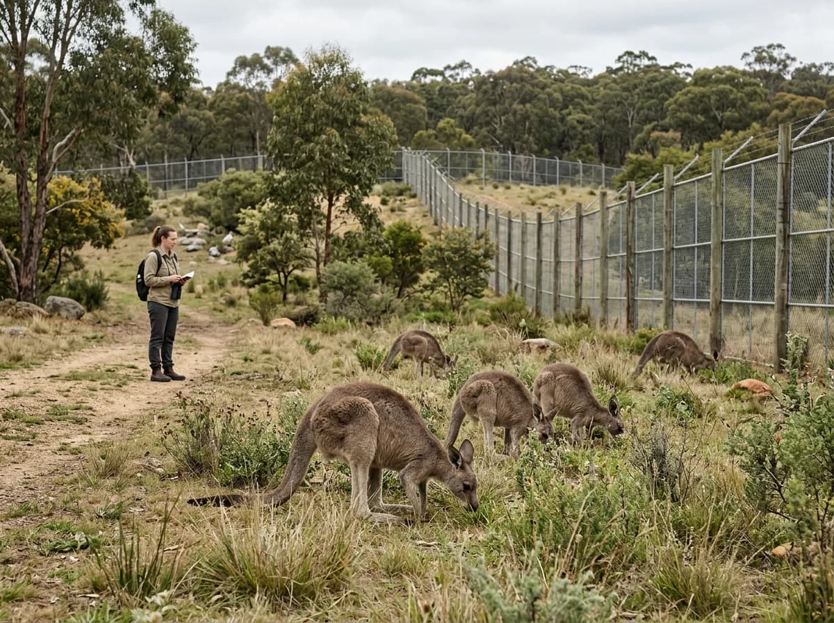 Kangaroos grazing in a spacious paddock at an accredited wildlife sanctuary with a caretaker nearby