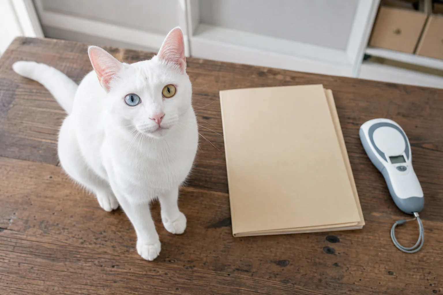 Odd-eyed white cat beside a closed record folder and microchip scanner