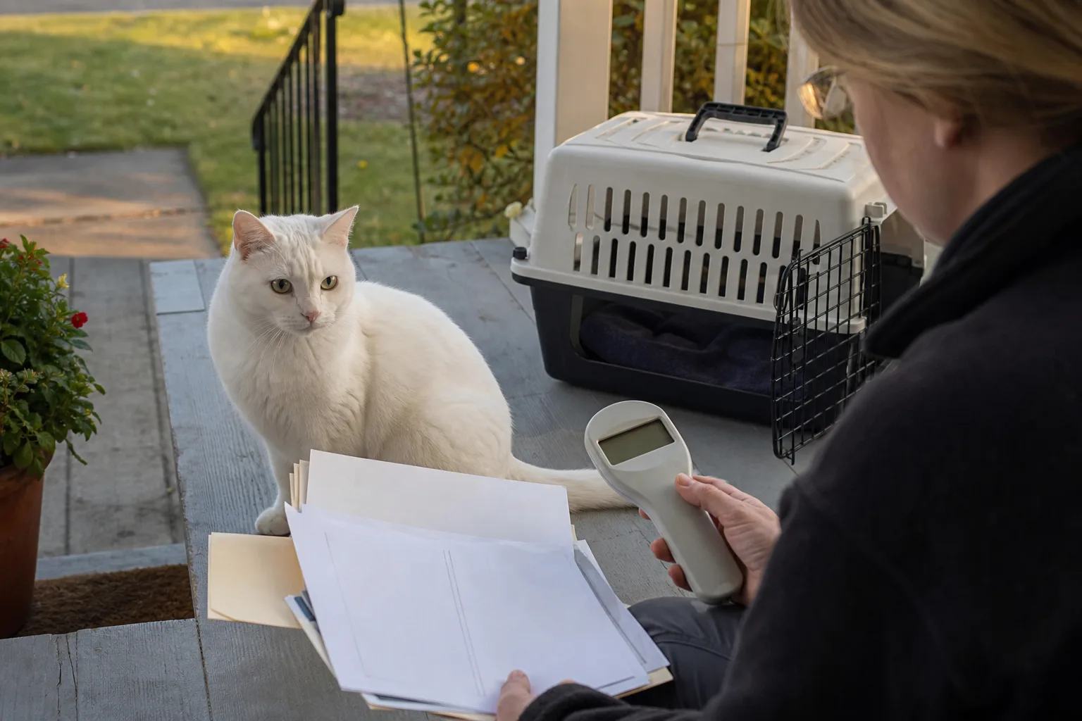 Shelter worker documenting a found white cat beside a carrier and microchip scanner
