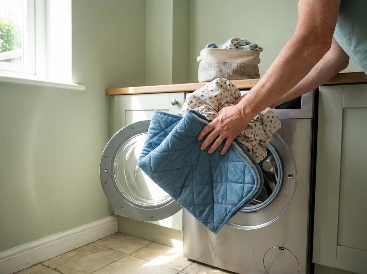 Adult loading washable pet bedding into a front-loading washing machine