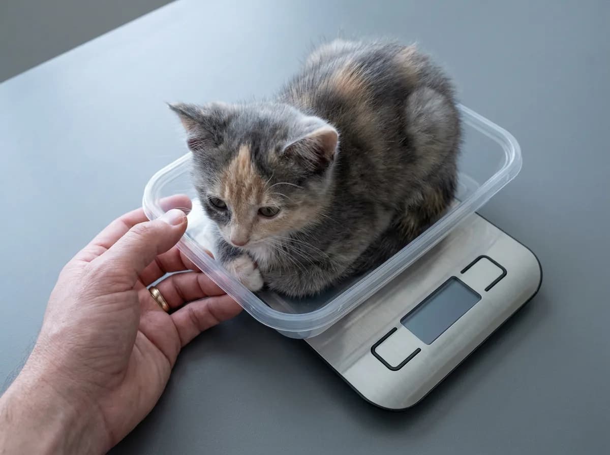 Kitten in a shallow tray on a digital scale with a hand steadying the tray