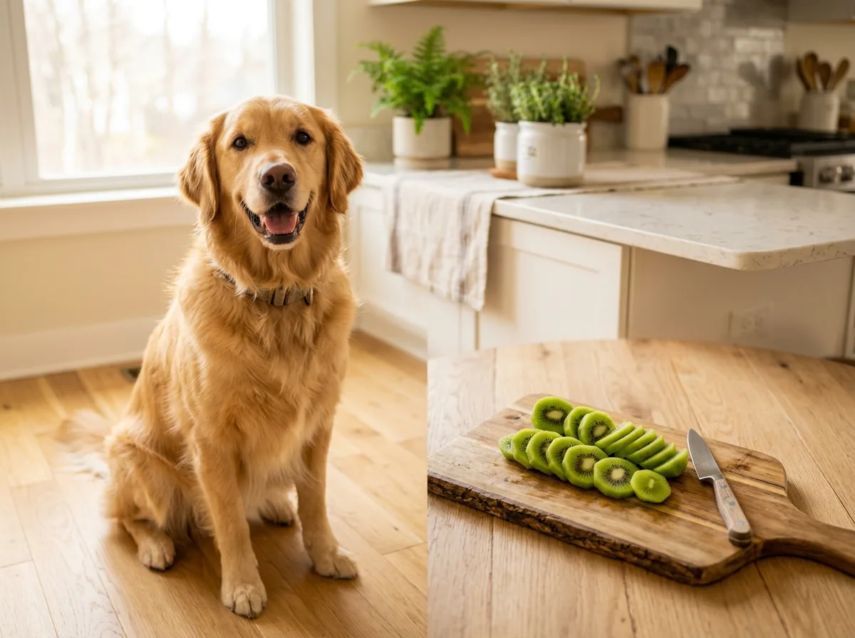 Golden retriever beside peeled sliced kiwi, illustrating that dogs can eat kiwi in moderation